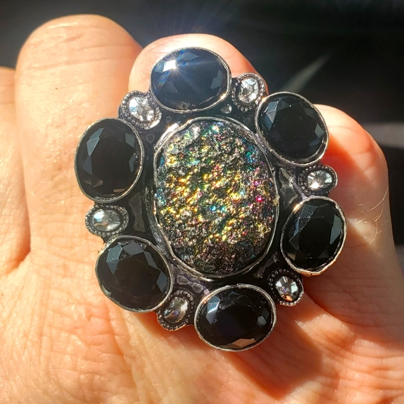 New Titanium Druzy & Spinnel 925 Silver Statement Ring. - Picture 2 of 13